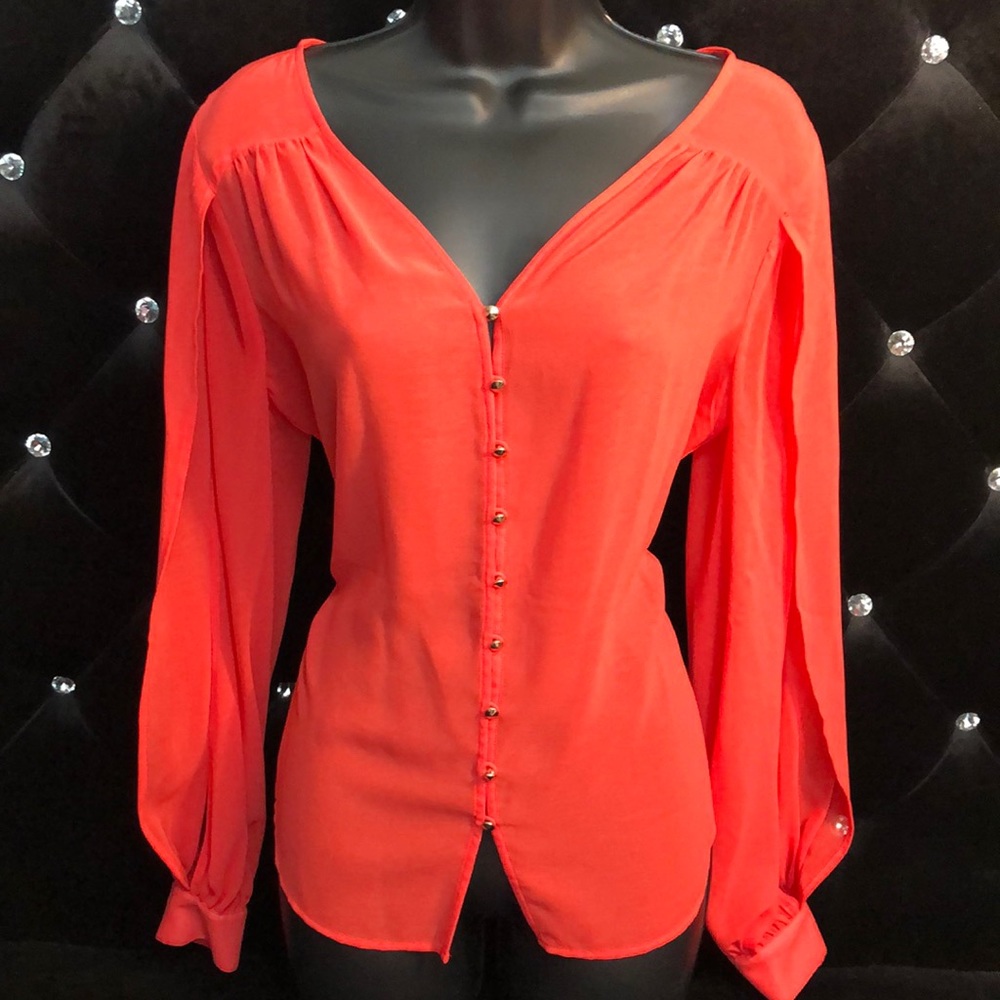 BEBE Blousan Slit Sleeve Shirt with Open Back Detail.